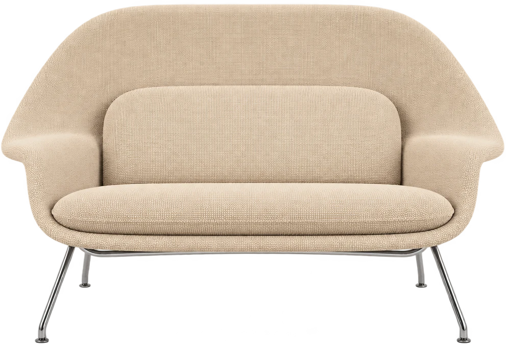 Sofá Womb estofado com base de aço inox, design de Eero Saarinen — vista frontal, foto 1 de 3