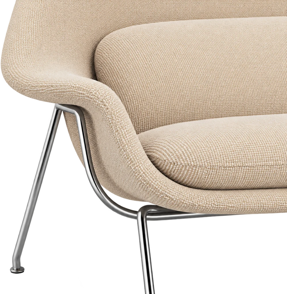 Sofá Womb estofado com base de aço inox, design de Eero Saarinen — detalhe do estofado e da base, foto 3 de 3
