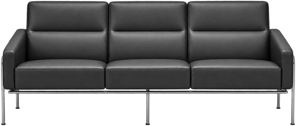 Sofá 3.303 da série 3300 de couro e aço, design de Arne Jacobsen — vista frontal, foto 1 de 3