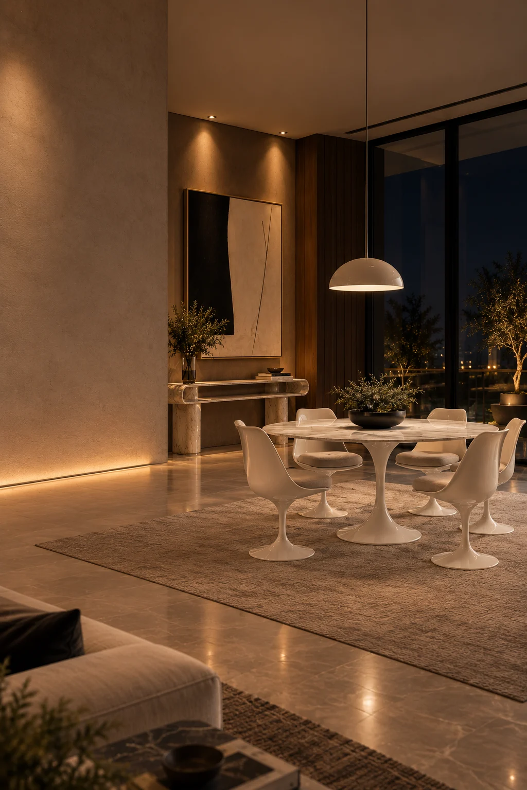 Poltrona Mokha e Mesa Lateral Redonda Saarinen numa sala de concreto aparente com jardim tropical
