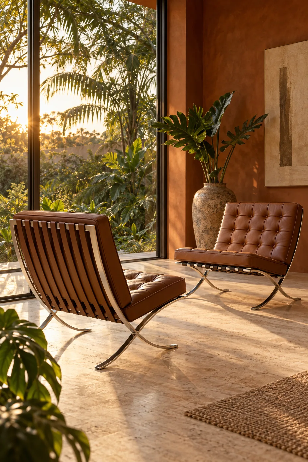 Duas Poltronas Barcelona de couro numa sala com jardim tropical ao pôr do sol